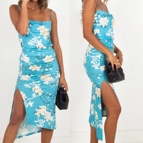 Novella Royale Evie skirt aqua lilies S blue floral bodycon pencil shirred - Picture 9 of 16